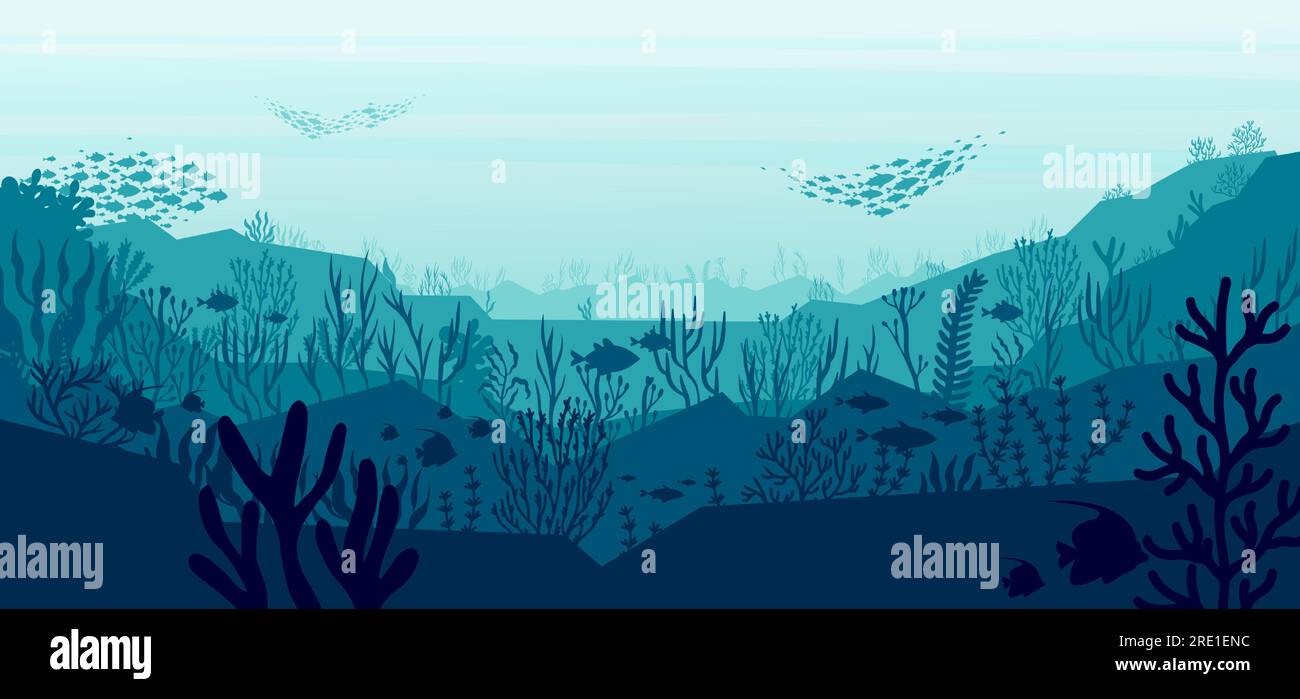 Underwater silhouette landscape. Exotic marine underwater scene with coral reef and fish. Vector background with manta and hammerhead sharks Stock Vector