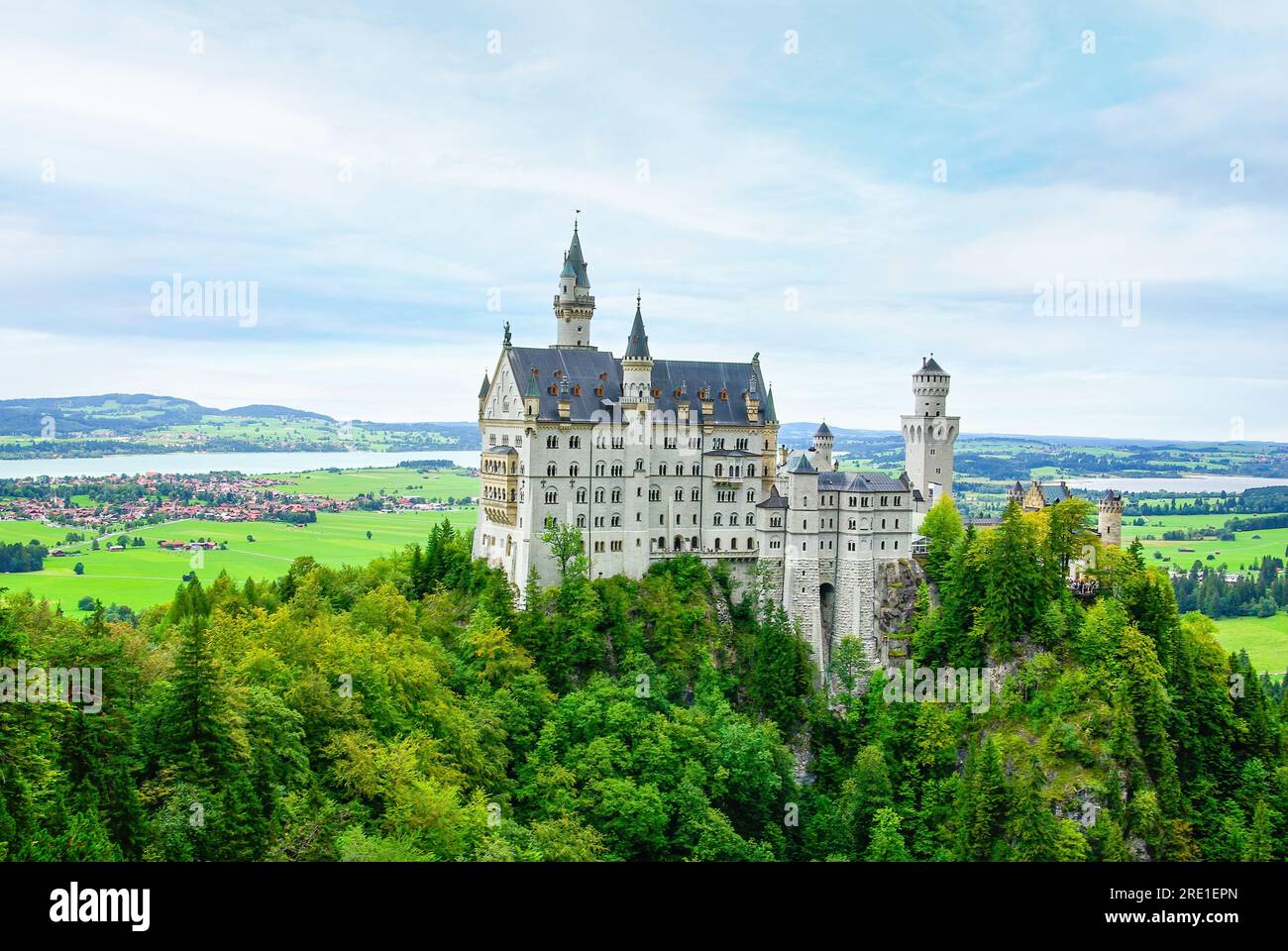 World famous Neuschwanstein Castle of Bavaria's King Ludwig II is a late 19th century Neo-Romanesque style palace in Schwangau, Bavaria, Germany. Stock Photo