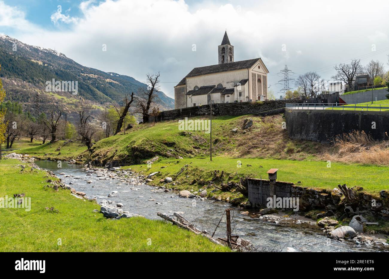 View of the parish church of Sant Maurizio in Chironico, municipality of Faido in the Canton of Ticino, district of Leventina, Switzerland Stock Photo