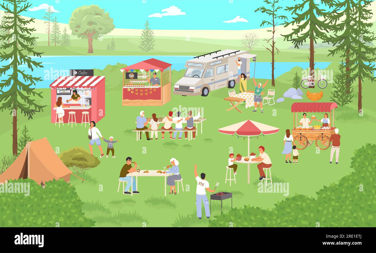 Food festival in forest park vector illustration with people Stock ...