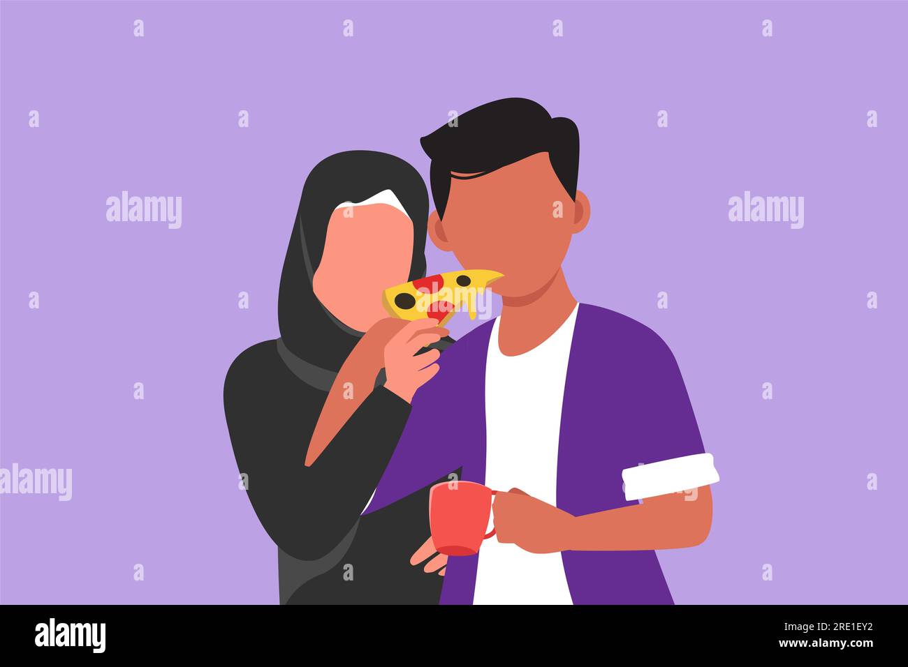 Graphic flat design drawing Arab couple sharing pizza cut. Man and woman eat Italian pizza together. Celebrate anniversaries and enjoy romantic lunch Stock Photo