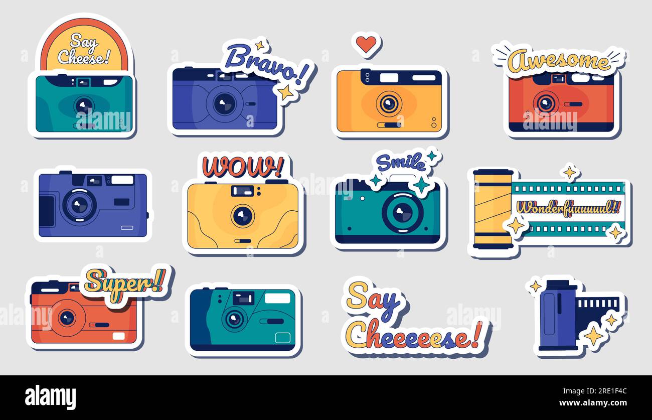 Camera stickers. Retro movie and photography camera badge, vintage film strip and photo accessory. Vector camera doodle set Stock Vector