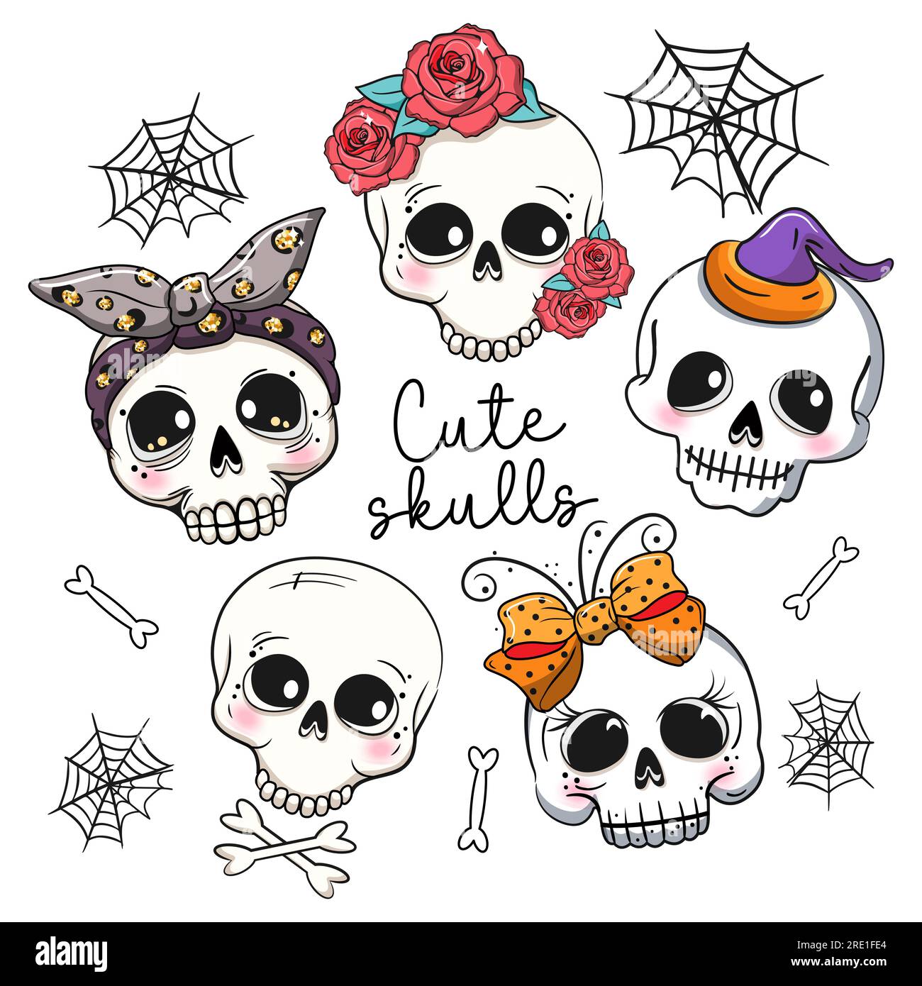 Cute cartoon skulls set. Halloween party.  Stock Vector