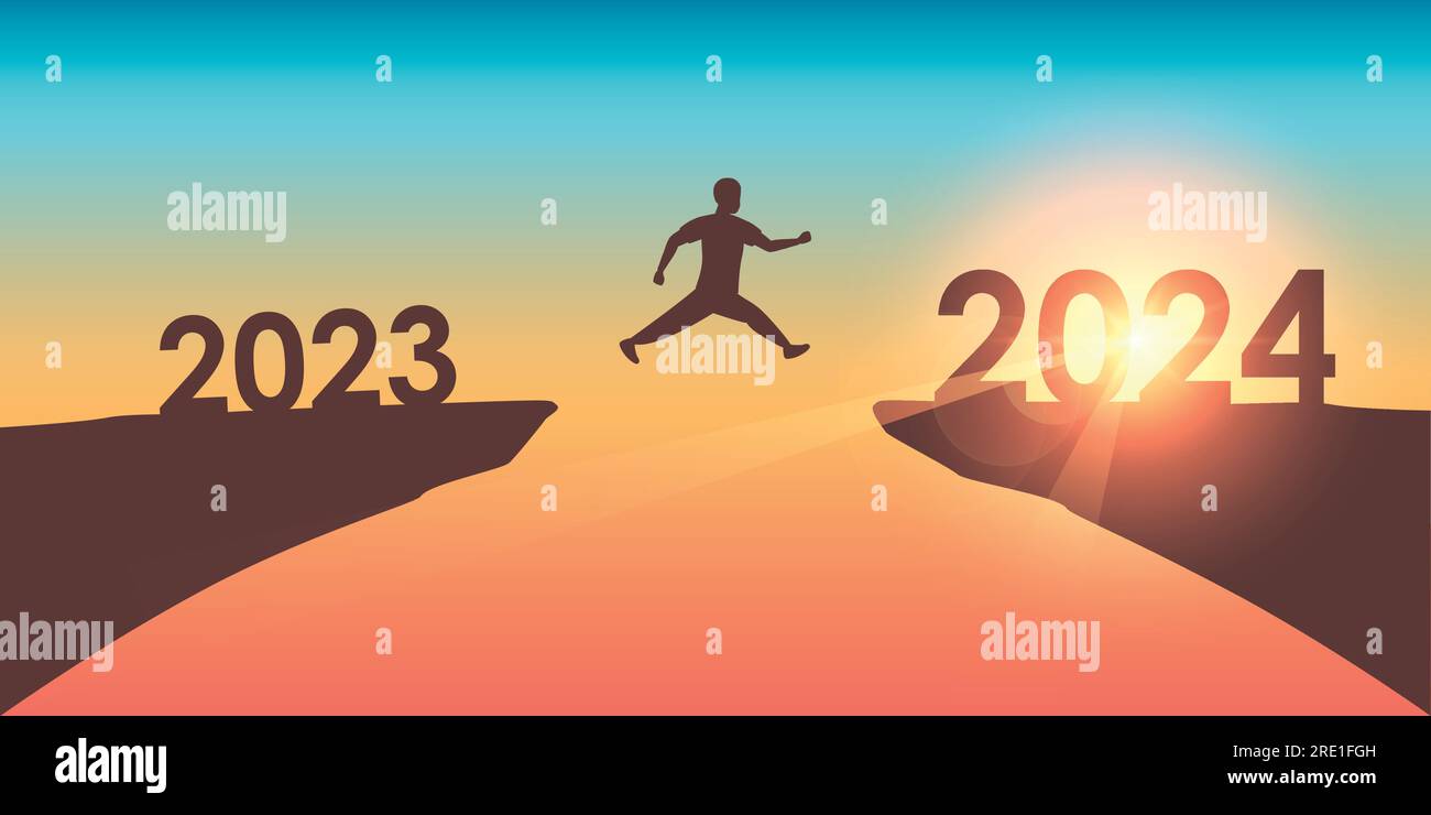 man jumping over a cliff from 2023 to 2024 on sunny blue background
