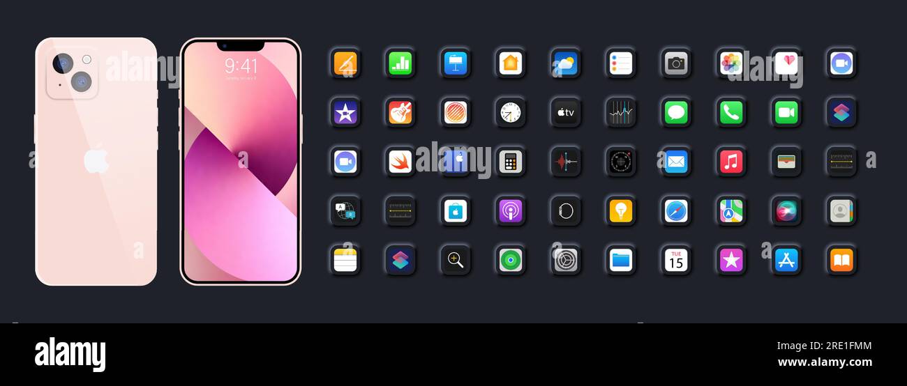 Pink Iphone 15. Apple mockup. Apple interface. Apple apps. Apple logo button. Calendar, notes, history, main menu. IOS call screen design concept. Edi Stock Vector