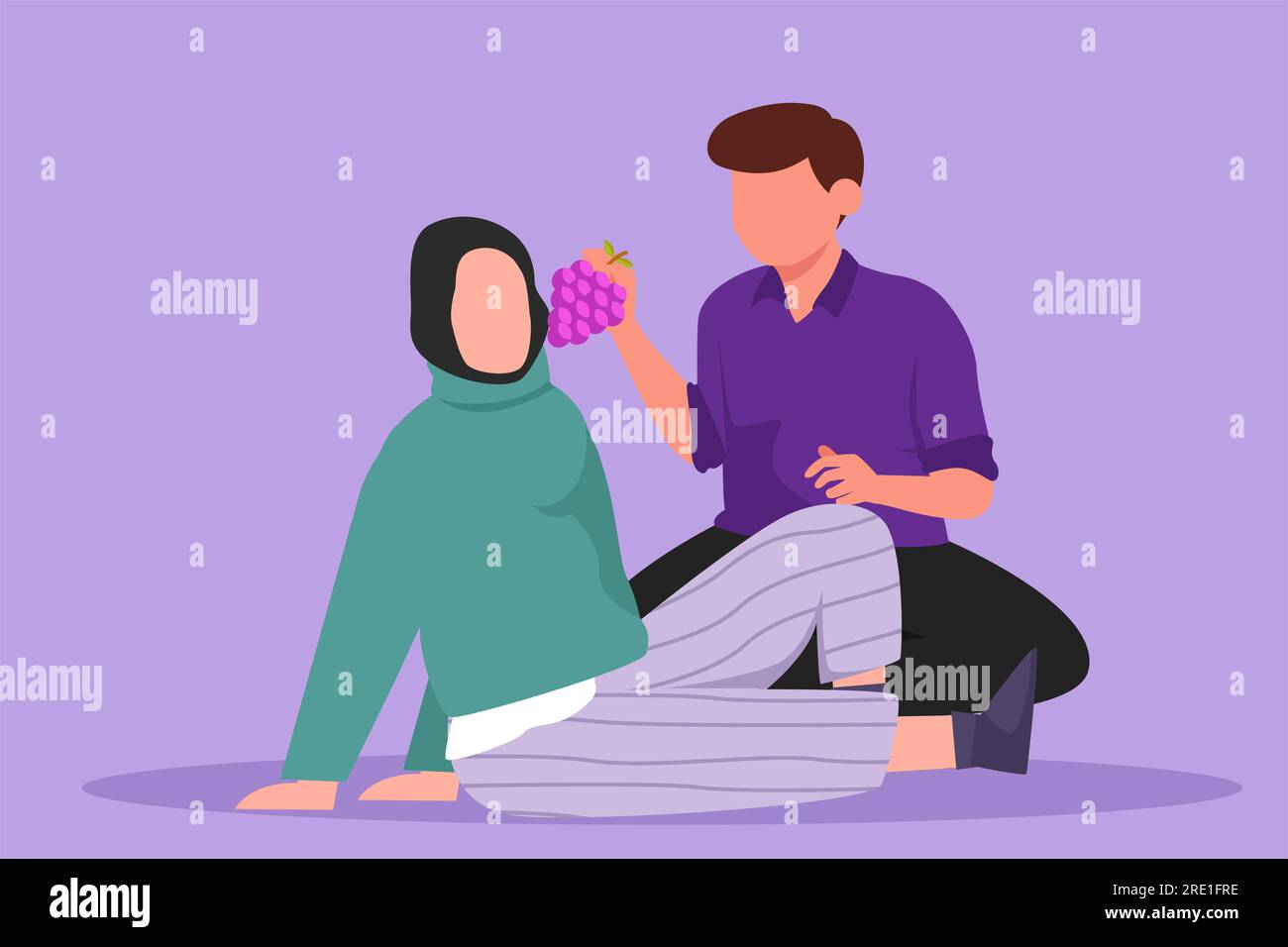 Graphic flat design drawing happy Arab man feeds grapes fruit to woman at outdoor. Romantic couple having picnic in summer park. Relaxing together sit Stock Photo