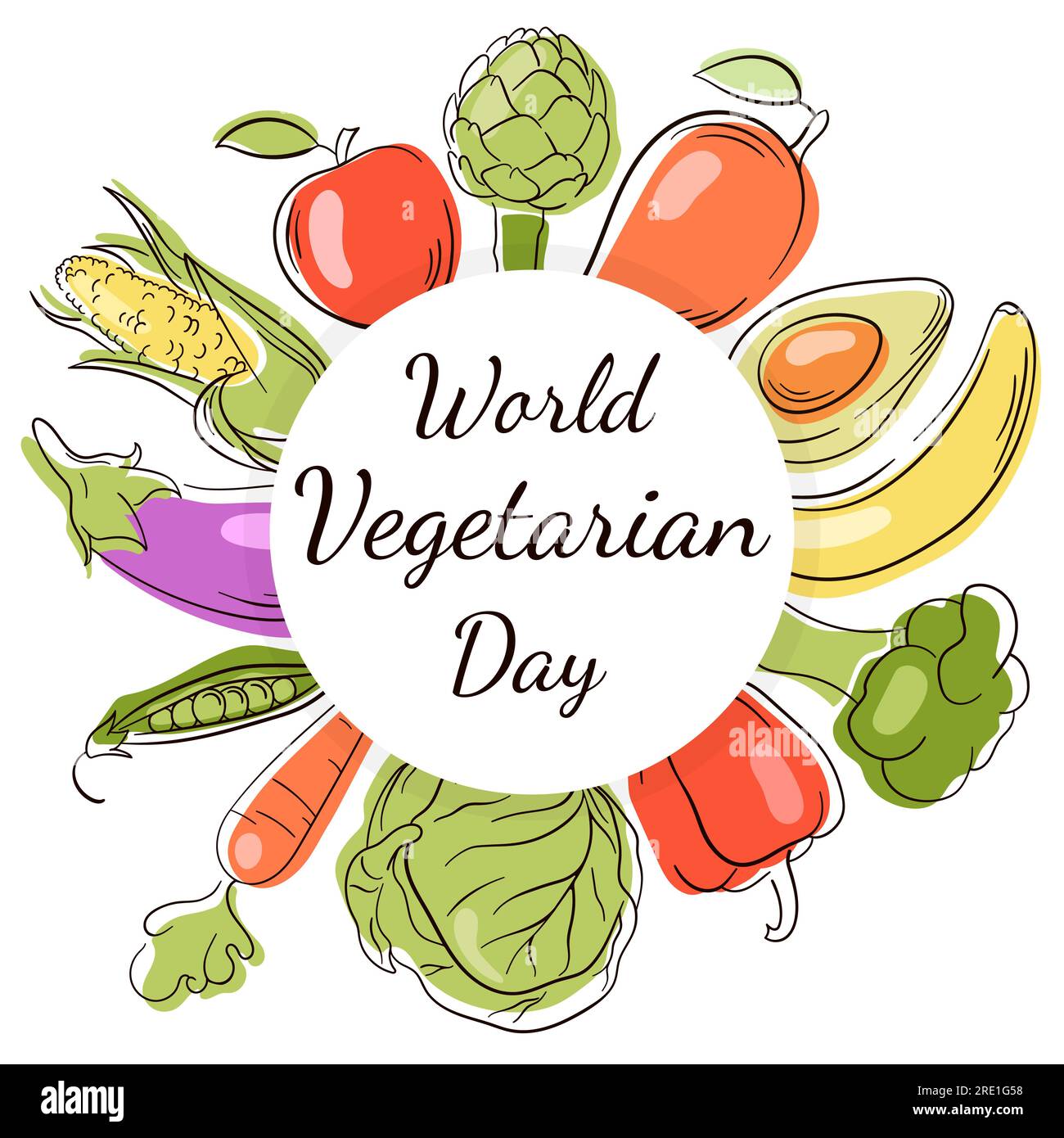 World Vegetarian Day frame illustration. Vegetables and fruitsround