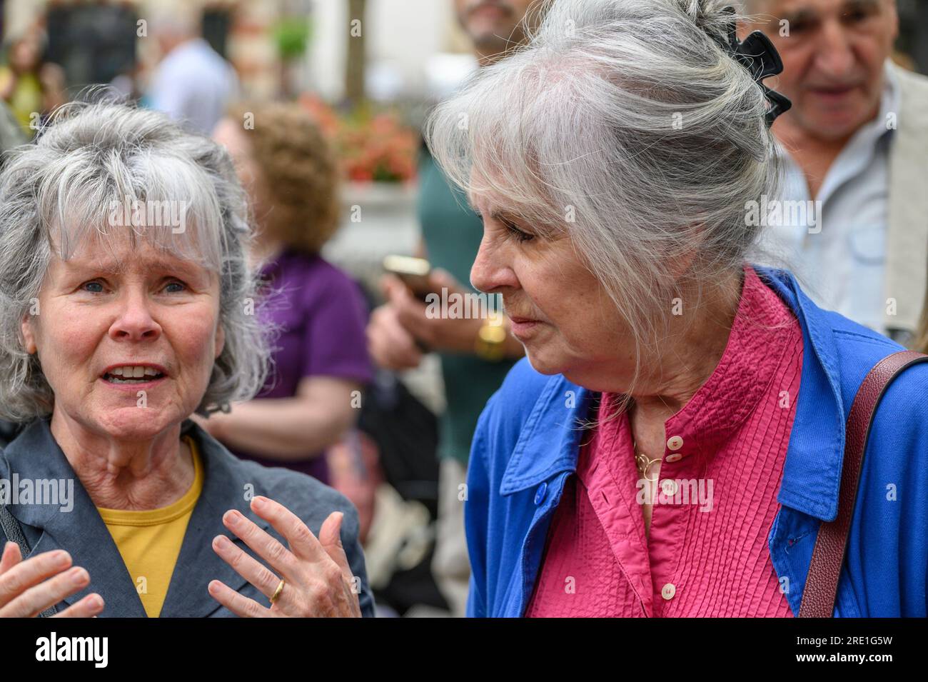 Imelda Staunton and Dame Penelope Wilton at an EQUITY event in Leicester Square supporting the SAG-AFTRA American actors' strike 21st July 2023 Stock Photo