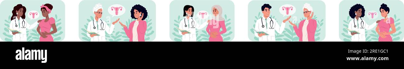 Doctors and patients of different races and ages. Male and female doctors talking to patients during consultation. International Day of Gynecological Stock Vector