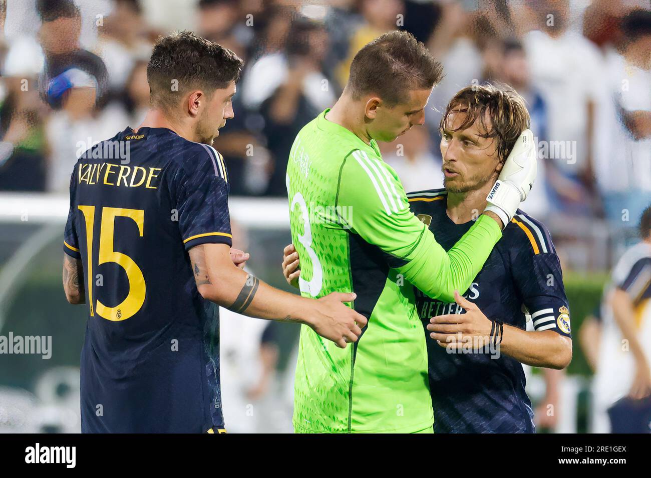 Los Angeles, United States. 23rd July, 2023. Real Madrid midfielders Luka Modric (R) celebrates with goalkeeper Andriy Lunin (C) and Federico Valverde (L) during a Soccer Champions Tour match between the AC Milan and Real Madrid FC in Pasadena. Final score: Real Madrid FC 3:2 AC Milan Credit: SOPA Images Limited/Alamy Live News Stock Photo