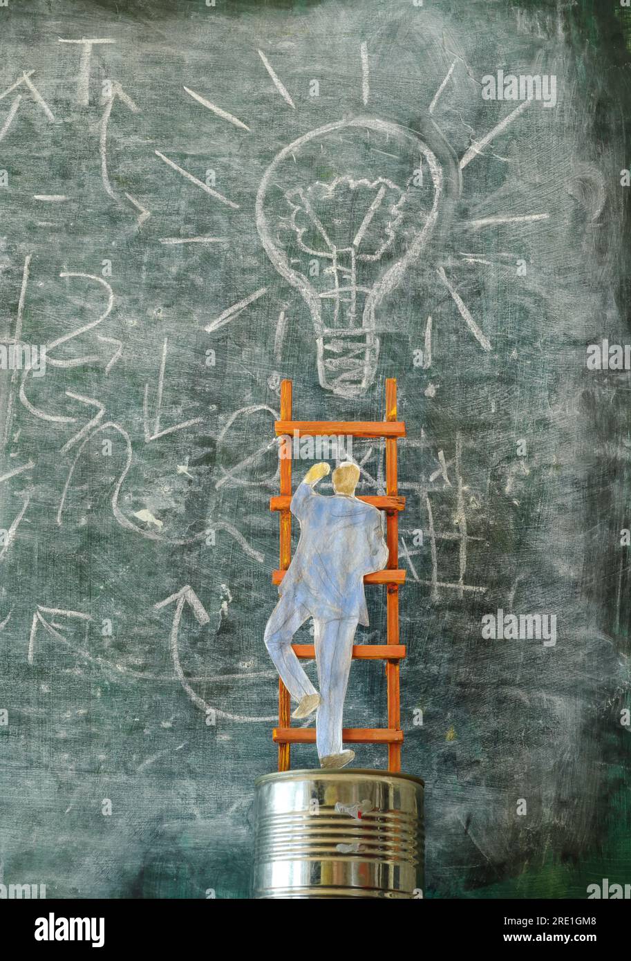 Businessman on a ladder climbing up to a lightbulb, thinking outside