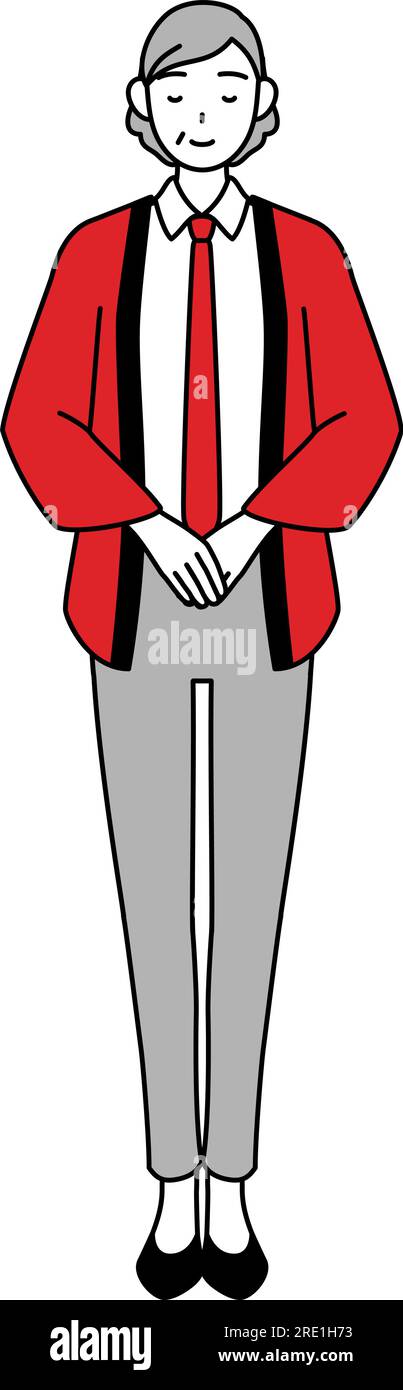 Senior woman wearing a red happi coat bowing with folded hands, Vector ...
