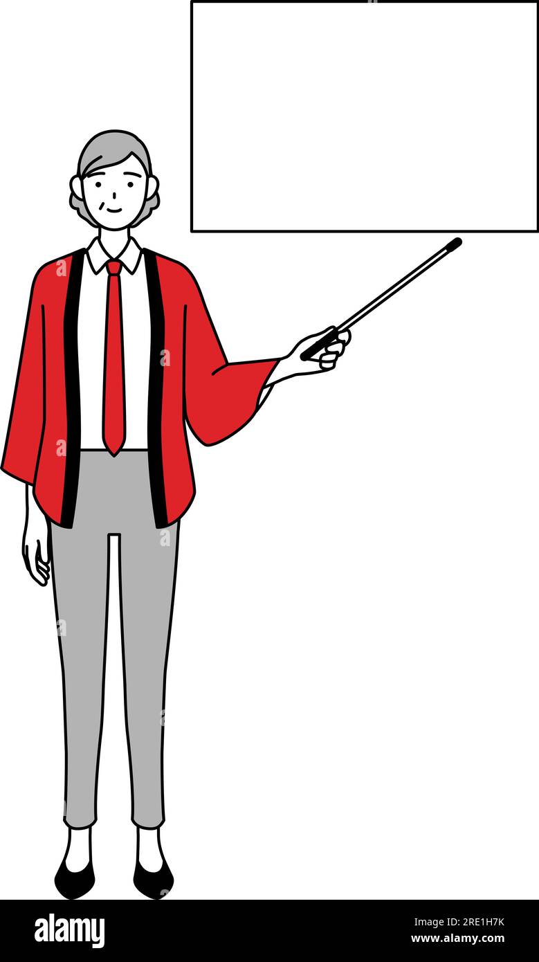 Senior woman wearing a red happi coat pointing at a whiteboard with an ...