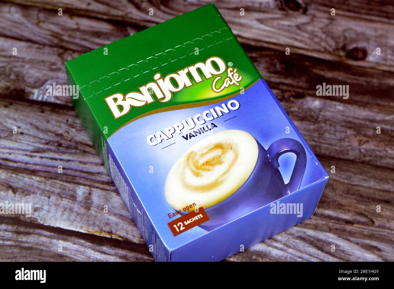 Giza, Egypt, July 21 2023: Bonjorno cafe vanilla cappuccino easy open sachets by Nestle, Nestle is a Swiss multinational food and drink processing con Stock Photo