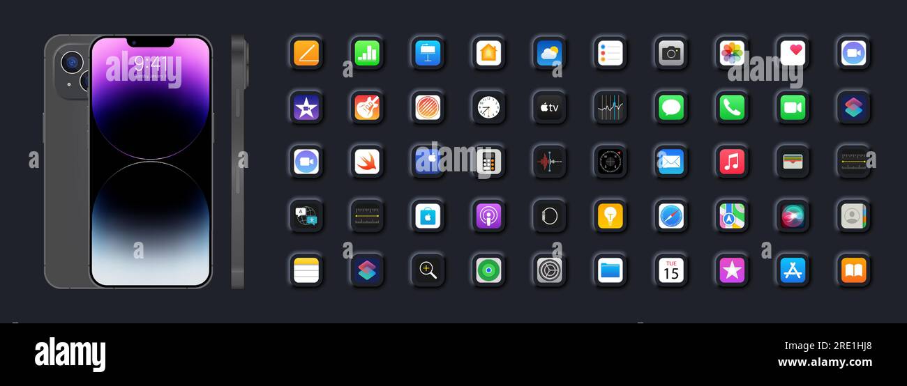 Black Iphone 15. Apple mockup. Apple interface. Apple apps. Apple logo