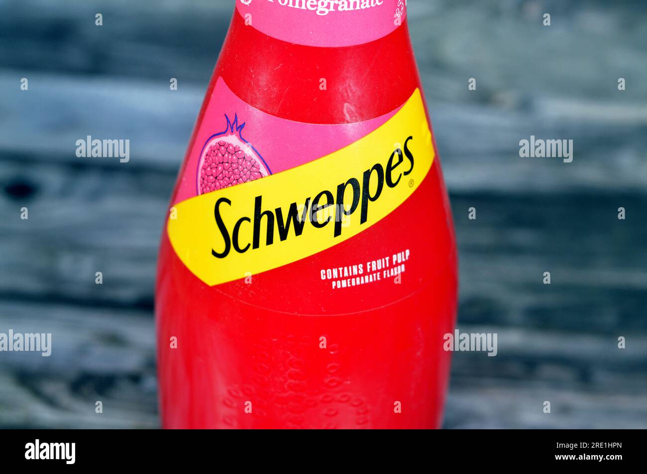 Giza, Egypt, July 21 2023:  Schweppes premium sparkling soft drink contains fruit pulp pomegranate flavor, Schweppes is a beverage brand that originat Stock Photo
