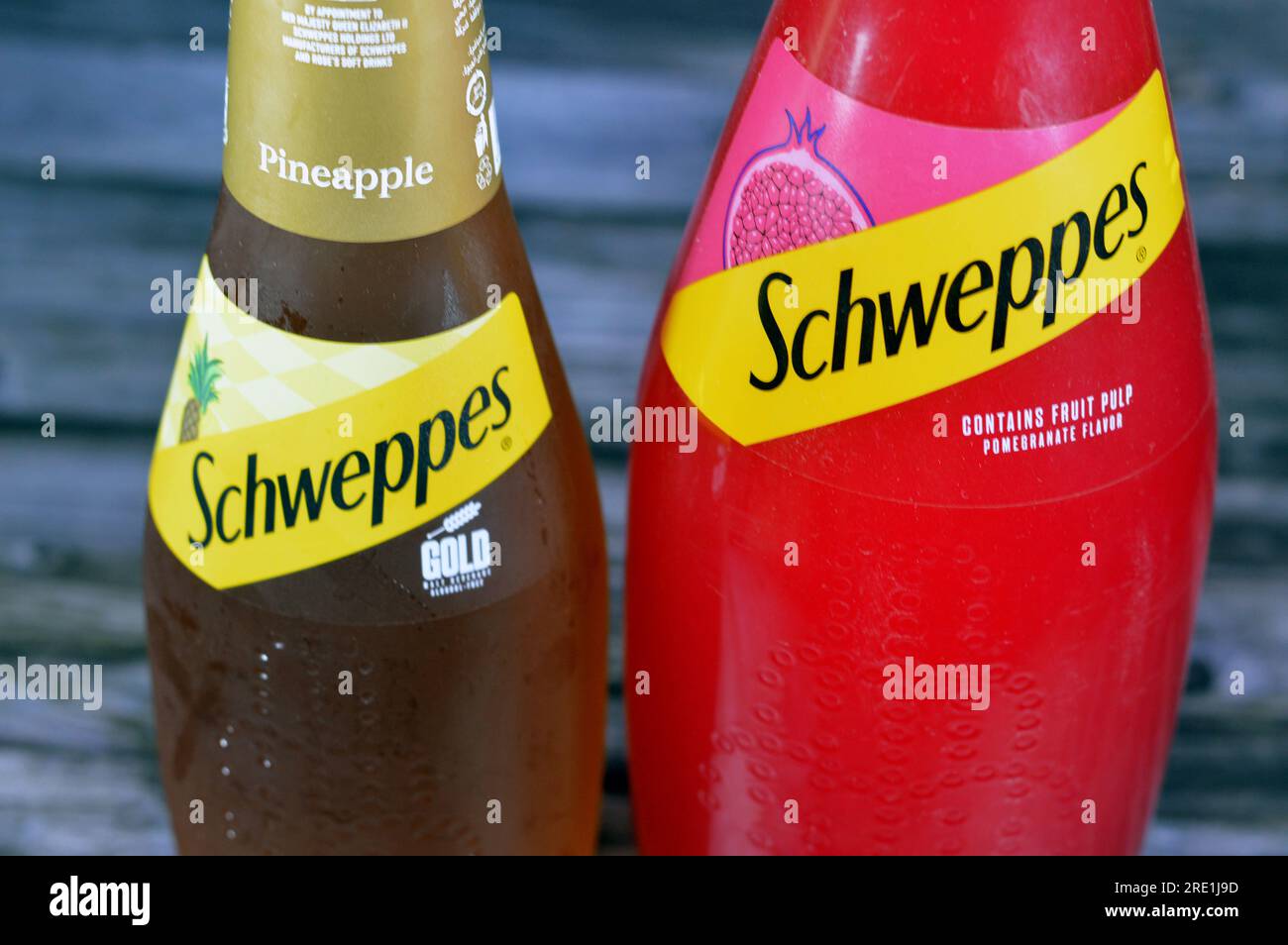 Giza, Egypt, July 21 2023:  Schweppes premium sparkling soft drink Gold pineapple and pomegranate flavors, Schweppes is a beverage brand that originat Stock Photo