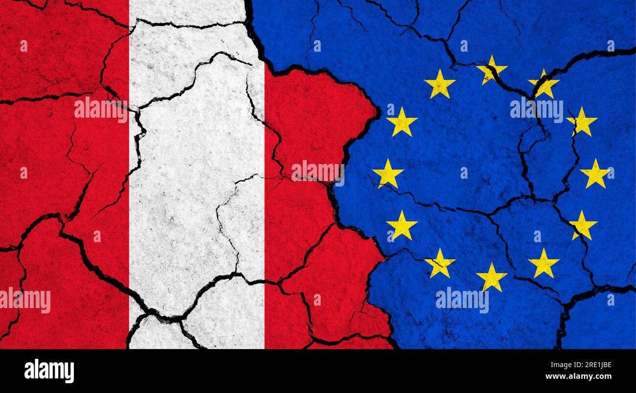 Flags of Peru and European Union on cracked surface politics