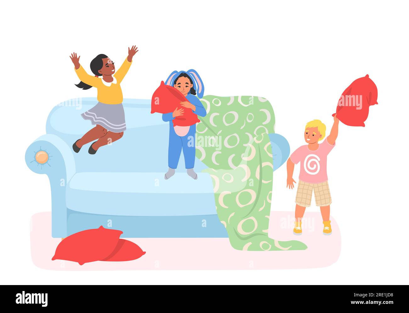 Kids having fun enjoying pillow fight vector illustration Stock Vector