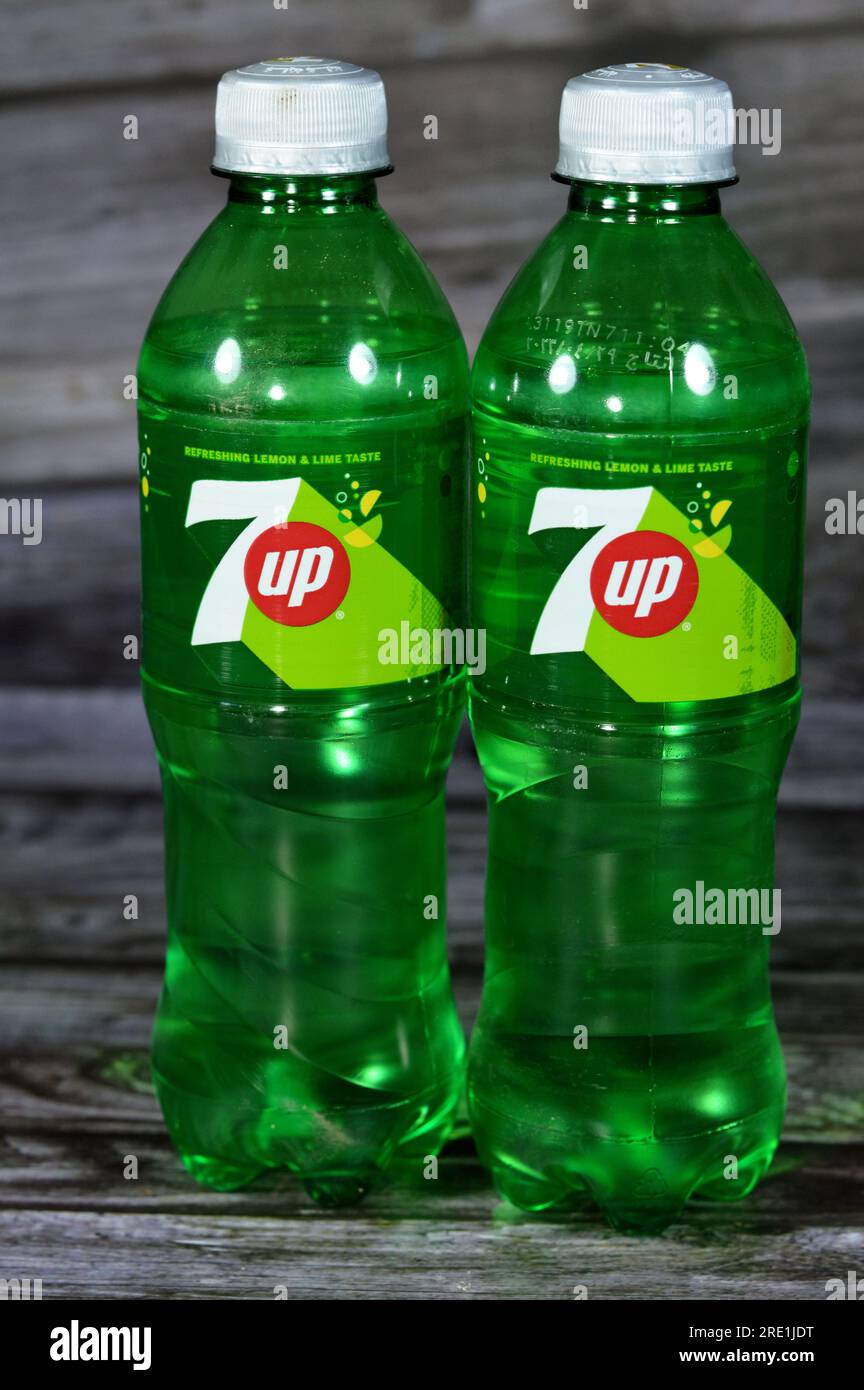 Giza, Egypt, July 21 2023: 7 Up, 7Up, Seven Up, an American brand of lemon-lime-flavored non-caffeinated soft drink, brand and formula are owned by Ke Stock Photo