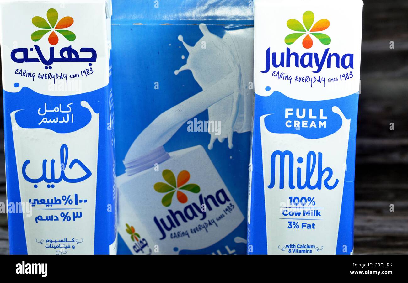Giza, Egypt, July 21 2023 Juhayna full cream fresh cow's milk carton bottle packet of 1 Liter