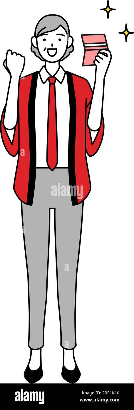 Senior woman wearing a red happi coat who is pleased to see a bankbook ...