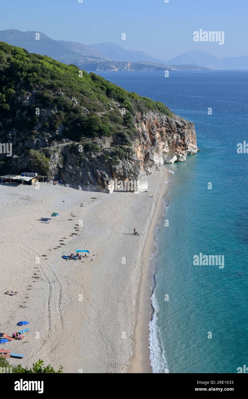 ALBANIA, Dhërni, Gjipe Beach beach at rocky Canyon at Adria, Mediterranean sea / ALBANIEN, Dherni, Jipe Strand an einem felsigen Canyon an der albanischen Riviera an der Adria, Mittelmeer Stock Photo