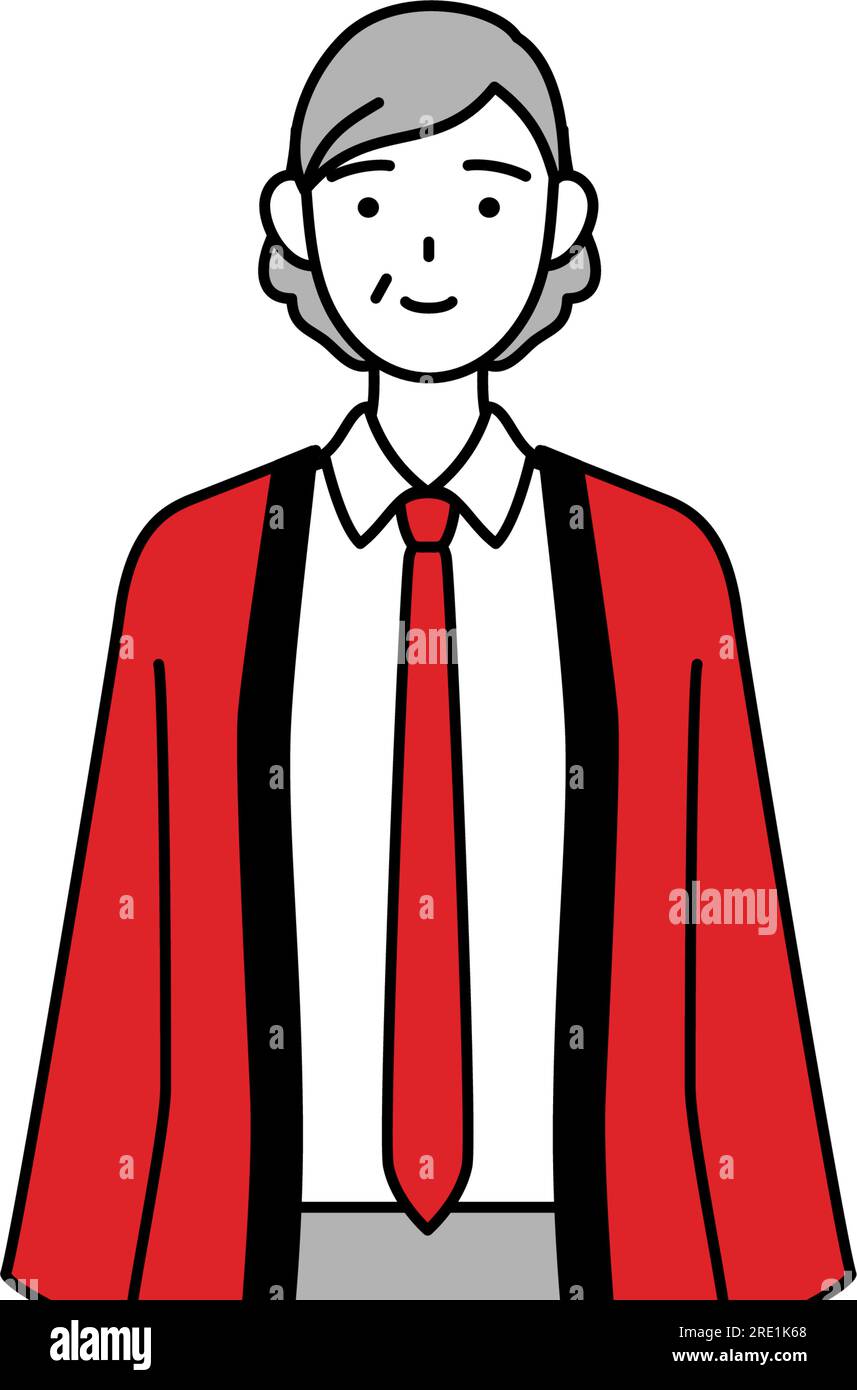 Senior woman wearing a red happi coat with a smile facing forward ...