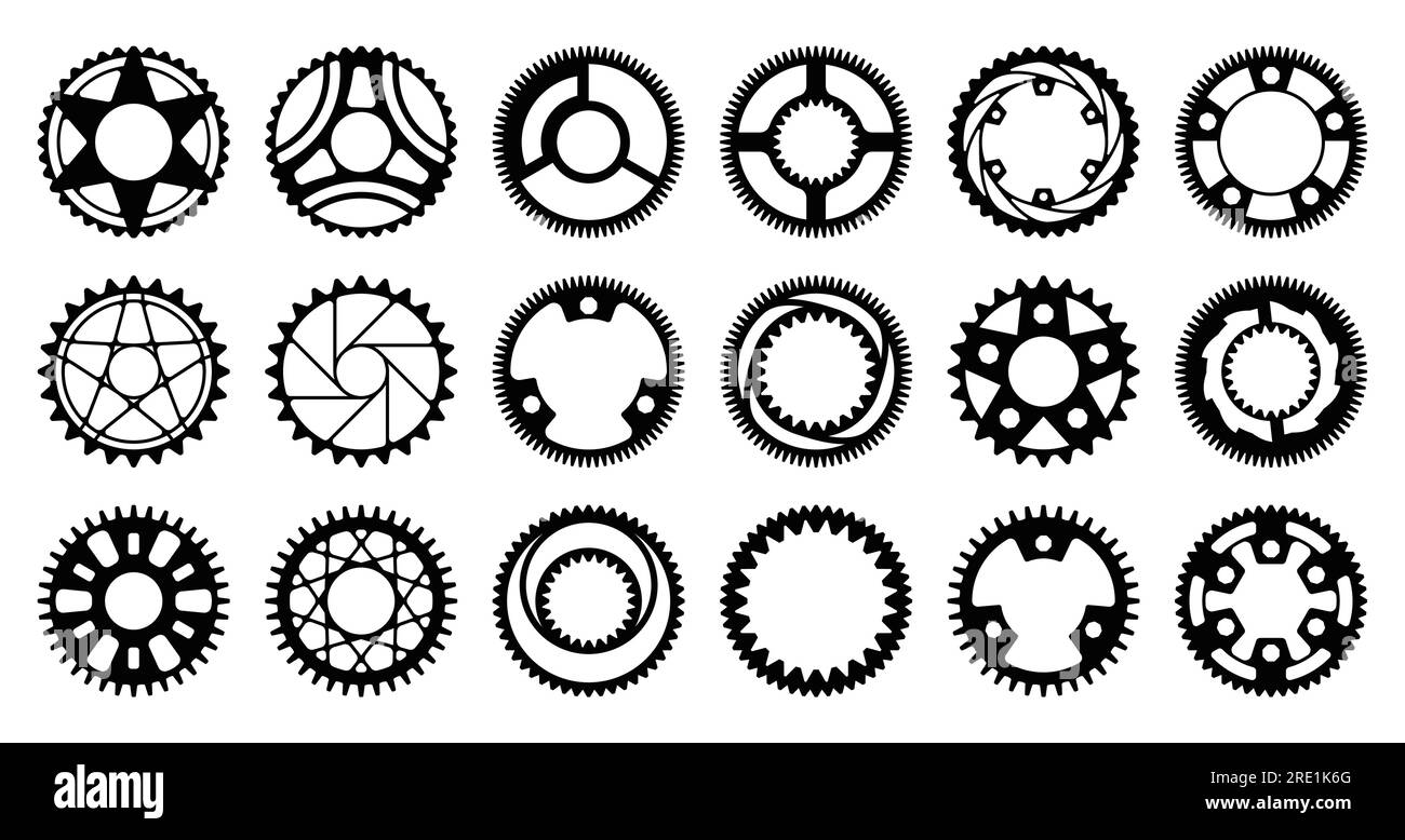 Bicycle cogwheel. Cyclic gear system black elements silhouette for bicycle, circular disk mechanism for gear chain. Vector collection. Sport components for bike equipment isolated set Stock Vector