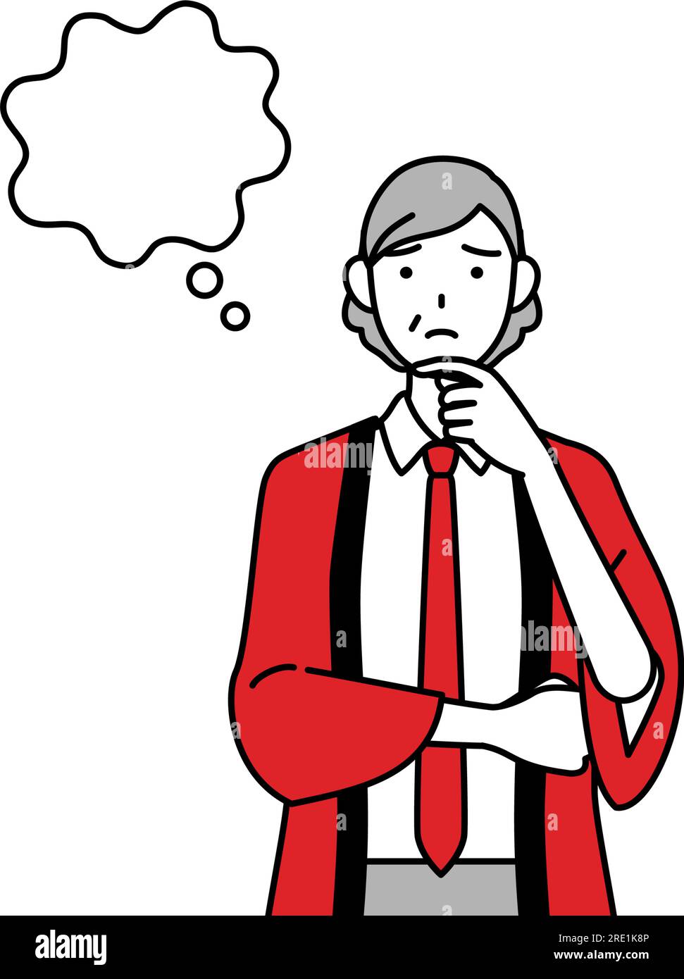 Senior woman wearing a red happi coat thinking while scratching her ...