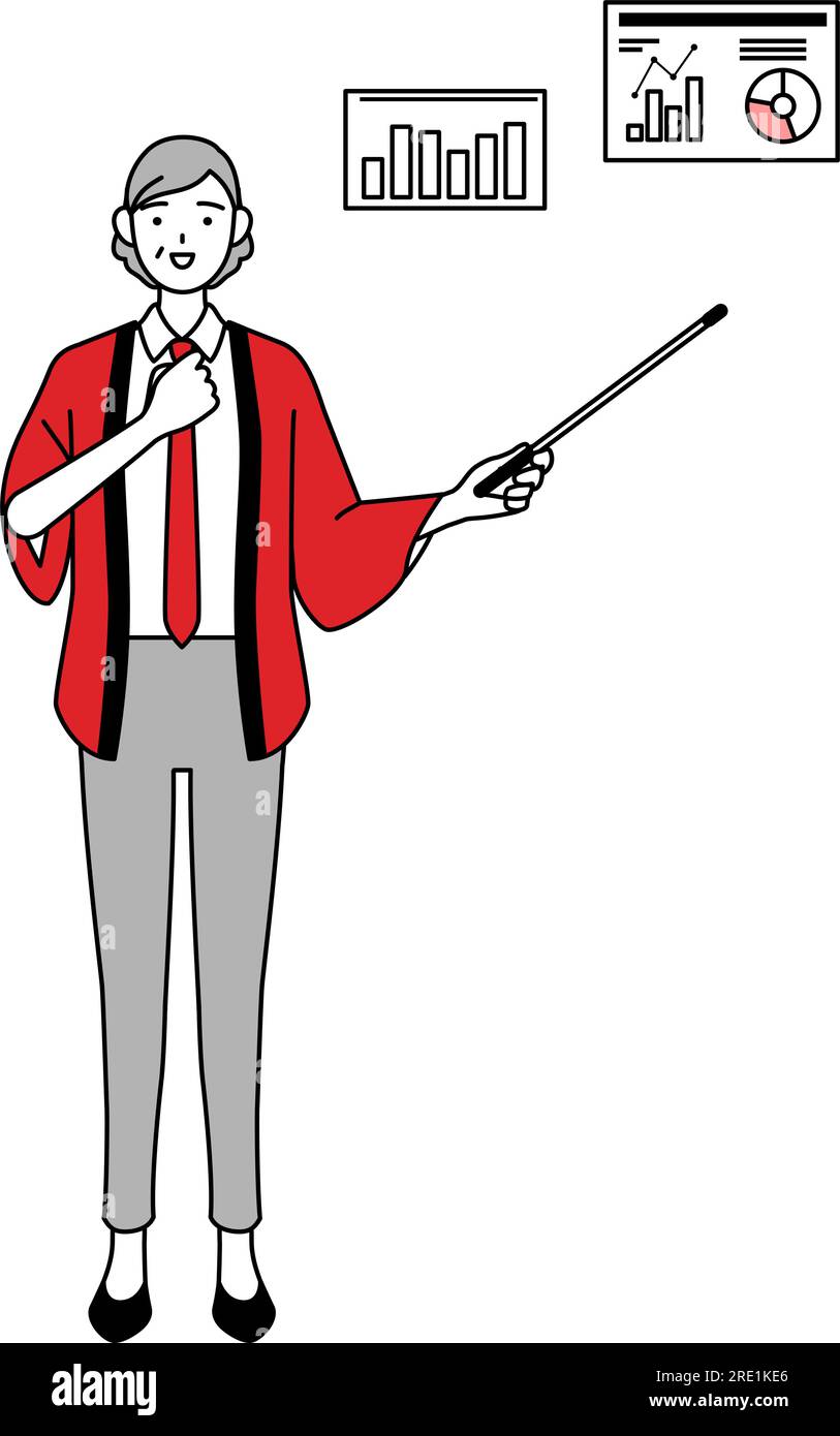 Senior woman wearing a red happi coat analyzing a performance graph ...