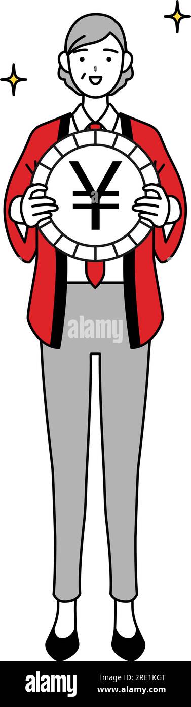 Senior woman wearing a red happi coat an image of foreign exchange ...