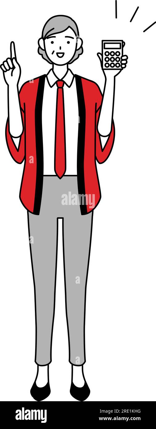 Senior woman wearing a red happi coat holding a calculator and pointing