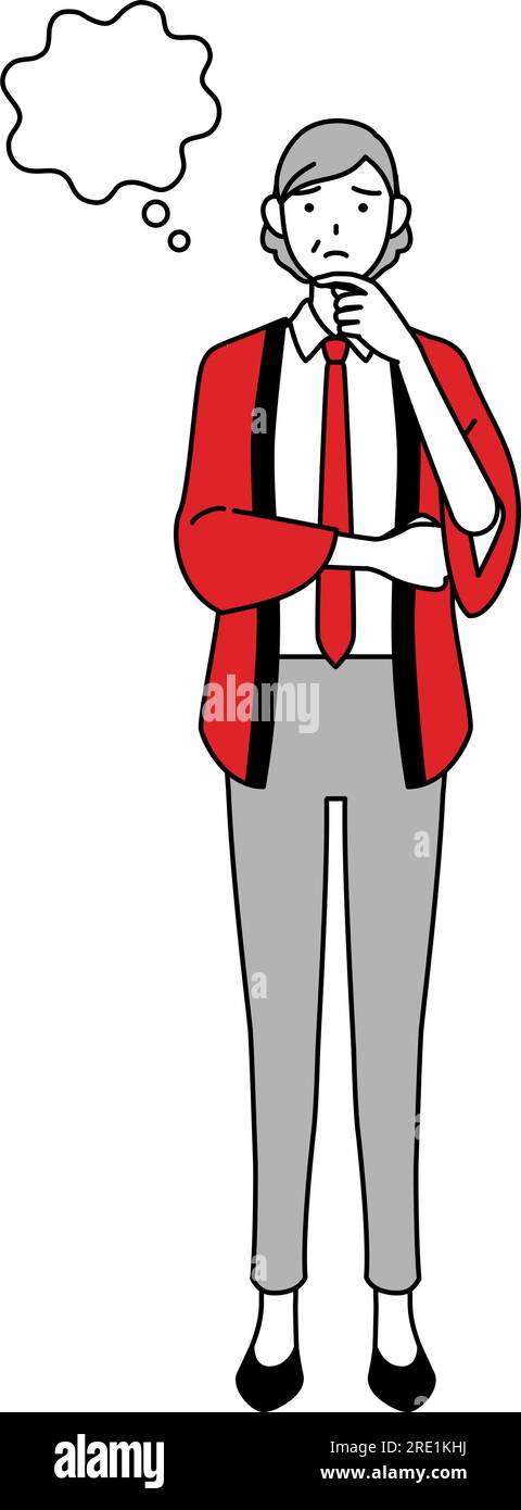 Senior woman wearing a red happi coat thinking while scratching her ...