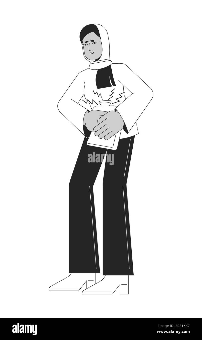 Woman holds heating pad flat line black white vector character Stock