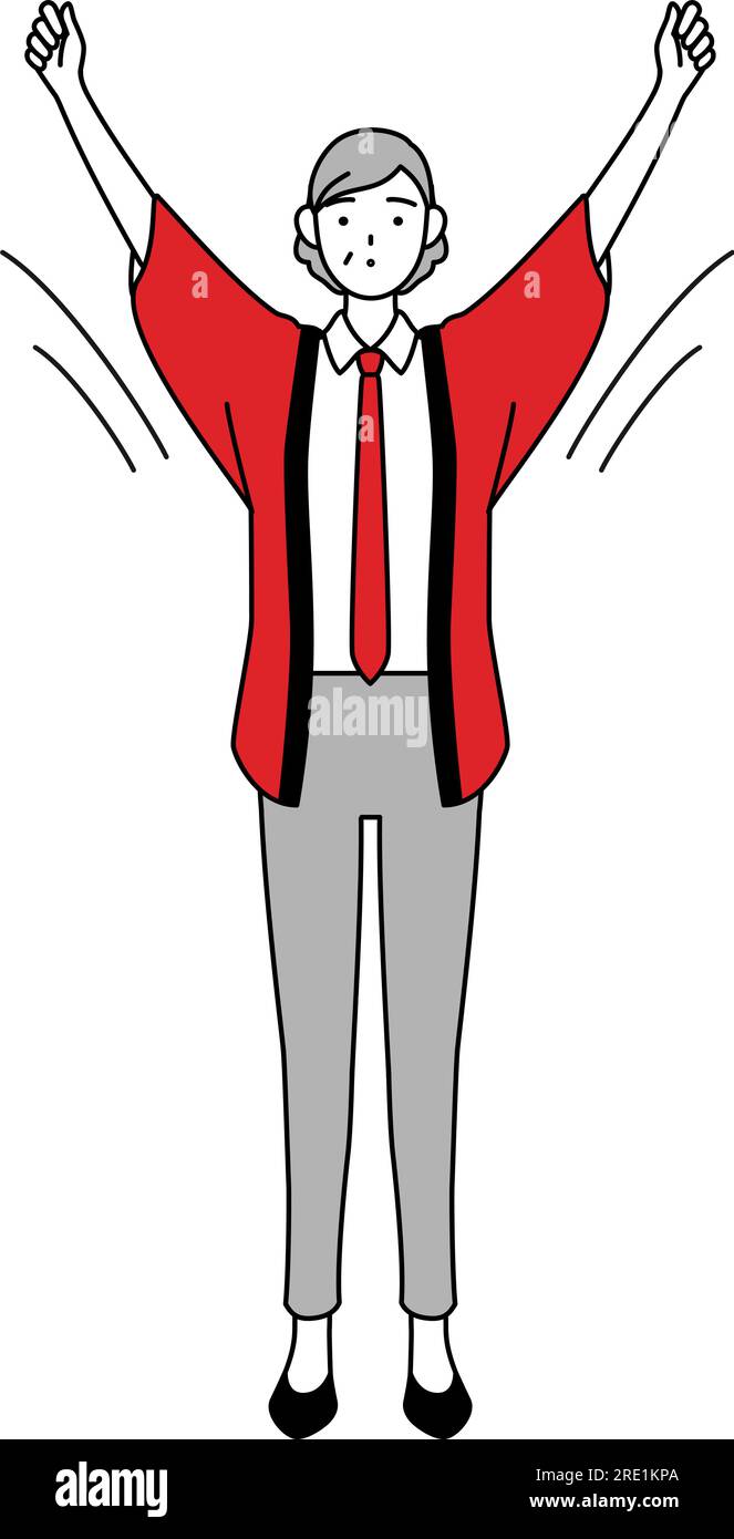 Senior woman wearing a red happi coat doing radio calisthenics ...