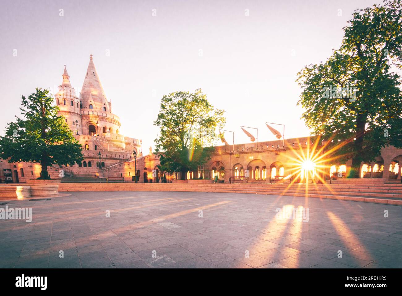 the fishermen's bastion in the morning in budapest, teaching people and in a dreamlike light Stock Photo