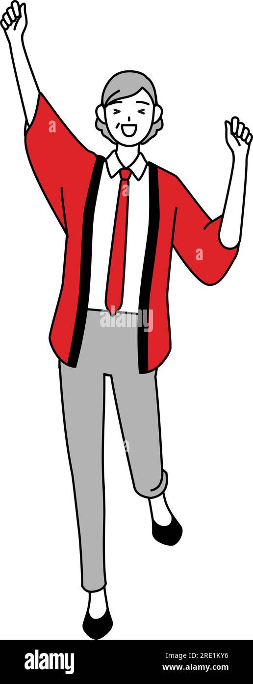 Senior woman wearing a red happi coat smiling and jumping, Vector ...