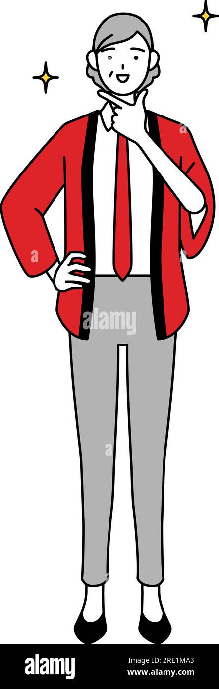 Senior woman wearing a red happi coat in a confident pose, Vector ...