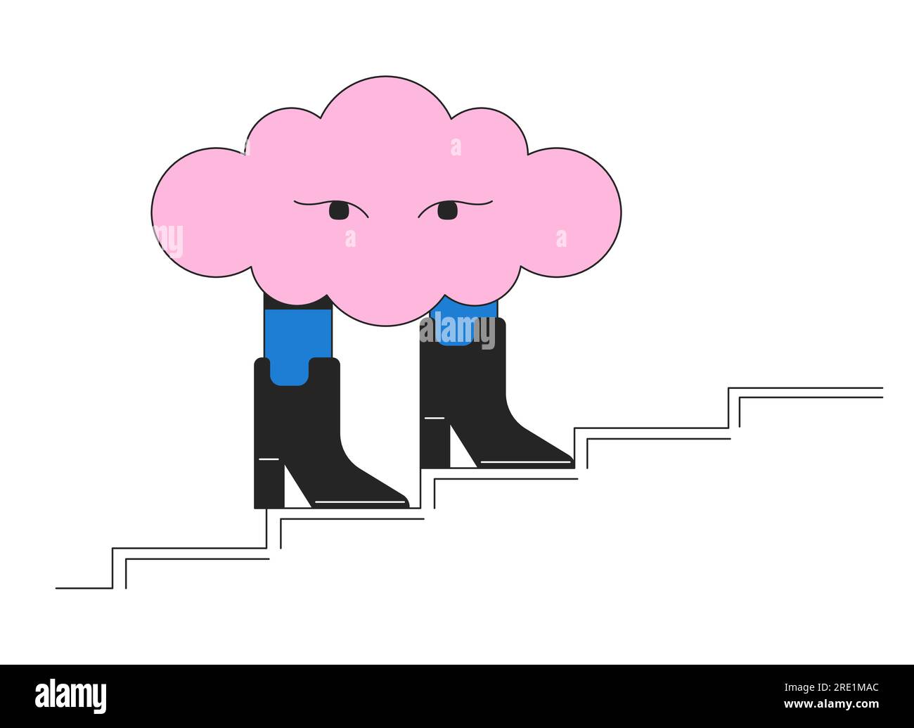 Surreal cloud walking in boots flat line concept vector spot illustration Stock Vector
