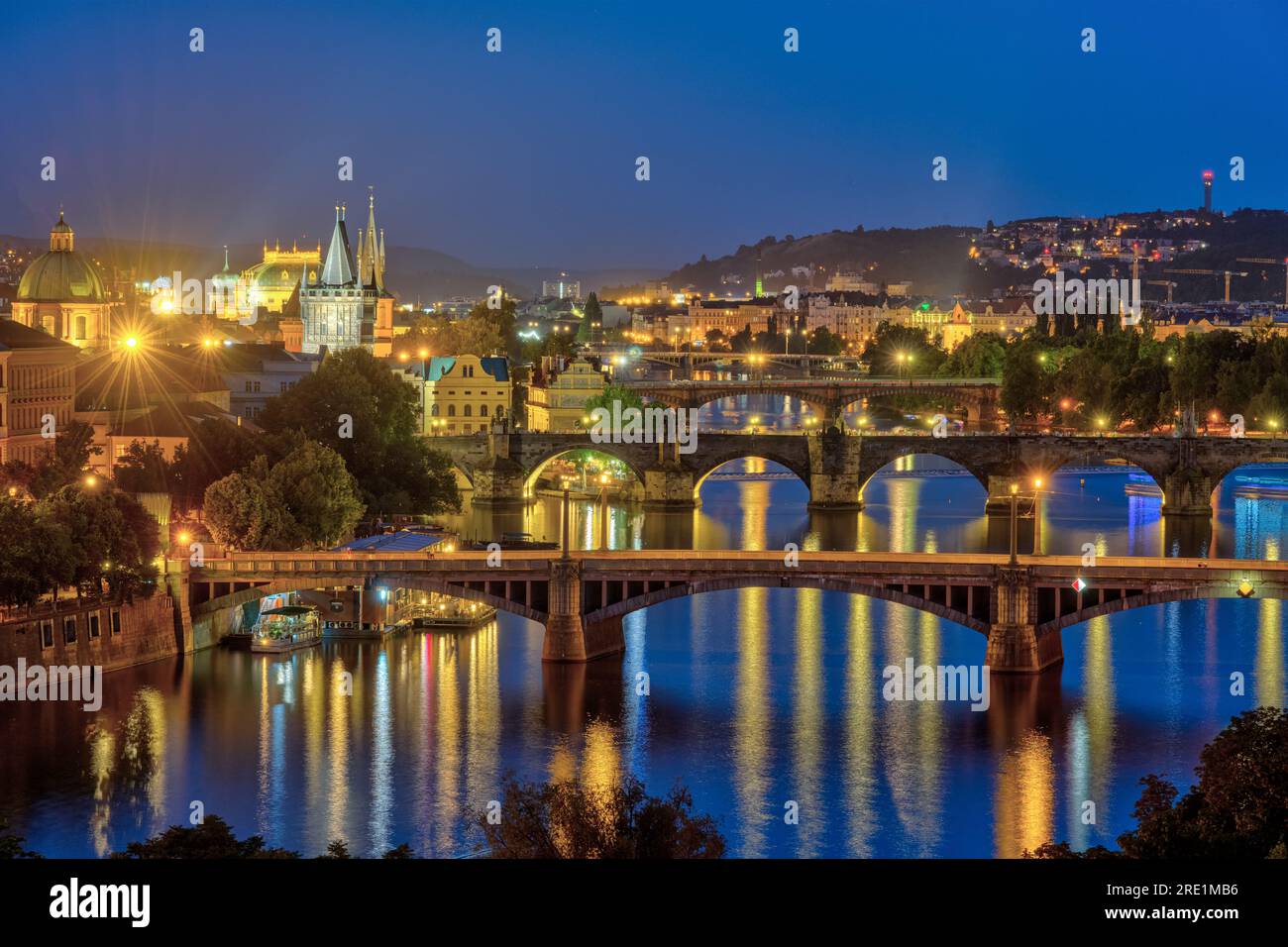 The bridges over the river Vltava in Prague at night Stock Photo