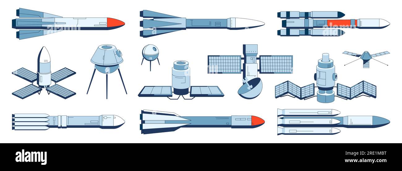 Rocket and satellite collection. Space shuttle launchpad, suborbital flight and transportation spacecraft technology, carrier rocket and space station icons. Vector set. Cosmic transport, expedition Stock Vector