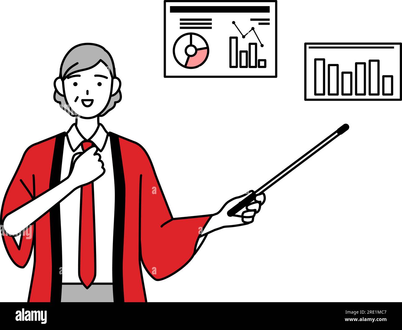 Senior woman wearing a red happi coat analyzing a performance graph ...