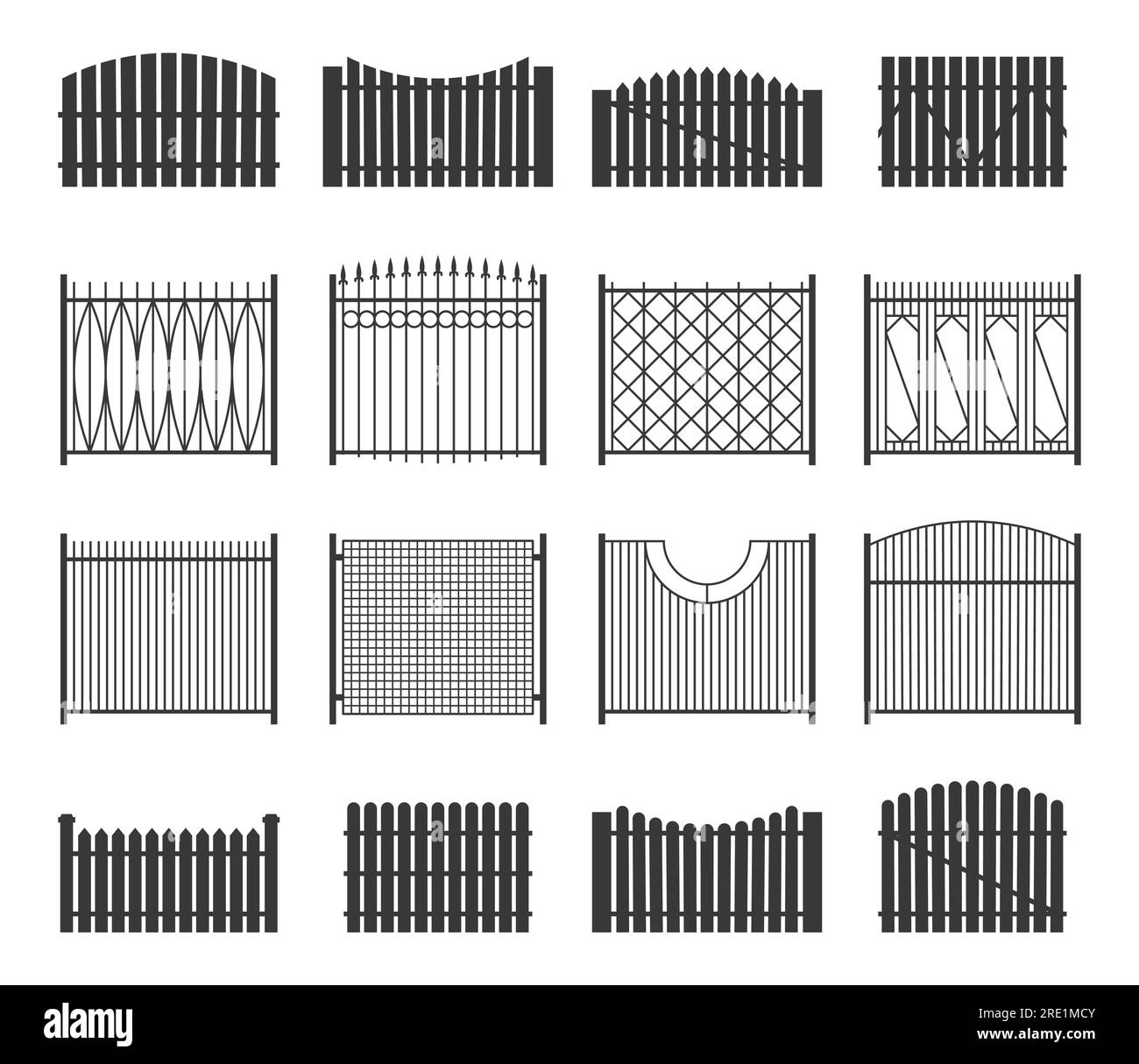 Black fence collection. Farm palisade, country garden wall, security private fence, yard protection. Vector isolated set. Boundary ironwork construction, black outdoor wrought gate Stock Vector