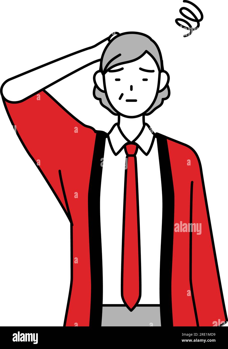 Senior woman wearing a red happi coat scratching her head in distress ...
