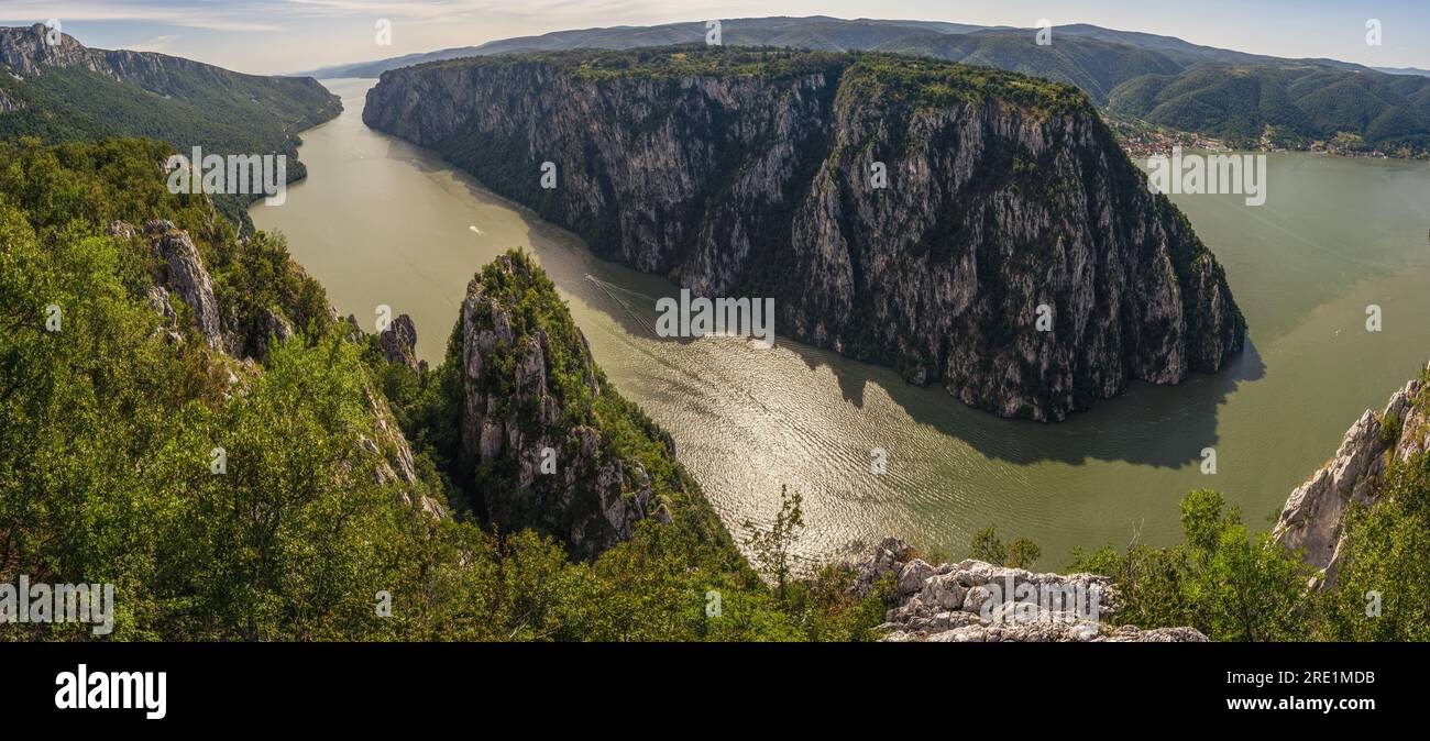 Panorama of the Djerdap National Park from the Ploce viewpoint between Kladovo and Donji Milanovac, the place where the Danube is narrowest and deepes Stock Photo