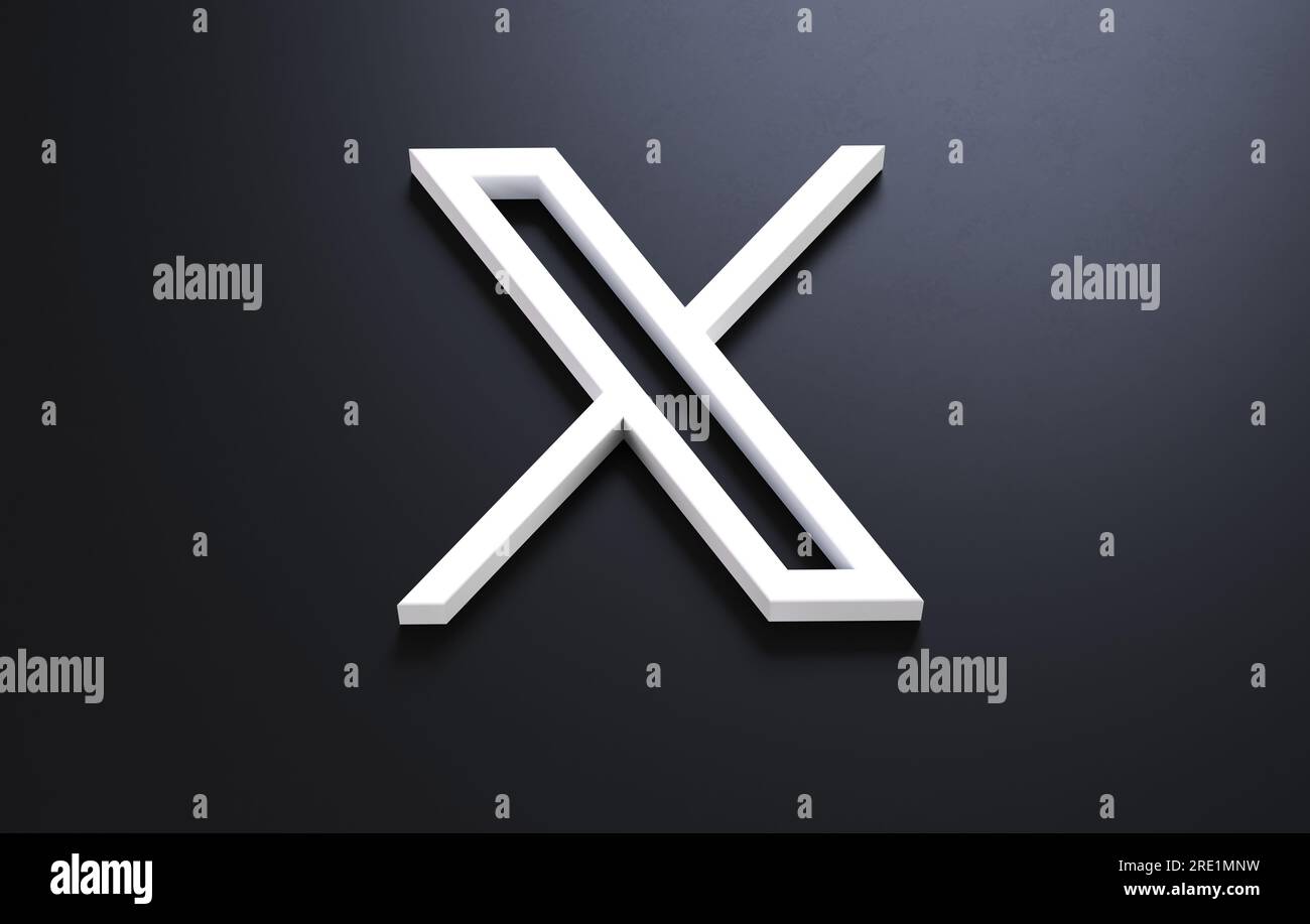 Valencia, Spain - July, 2023: X app logo on a black surface background in 3D rendering. X is the new name and logo of the social network Twitter owned Stock Photo