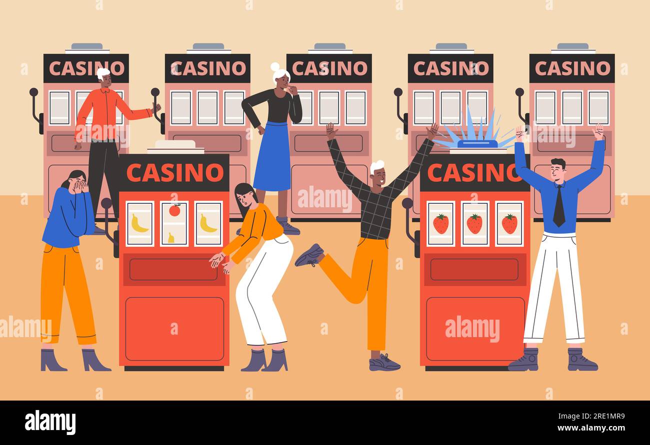 Game room with slot machines. Casino visitors. Gambling fortune process. Happy winners and crying losers. People play gambles. Addicted entertainment Stock Vector