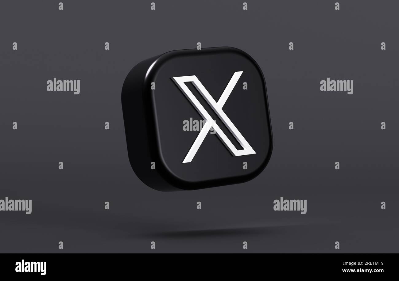 Valencia, Spain - July, 2023: X app floating logo on a dark color background in 3D rendering. X is the new name and logo of the social network Twitter Stock Photo
