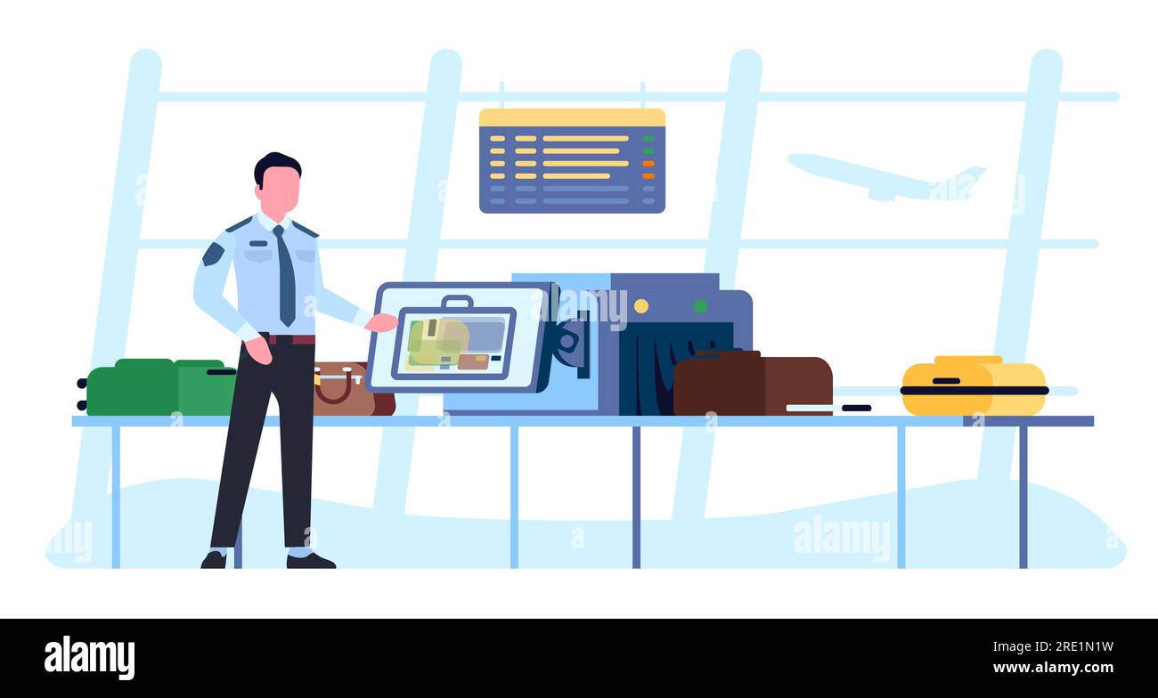 Security at airport. Guard scanning passenger luggage on special